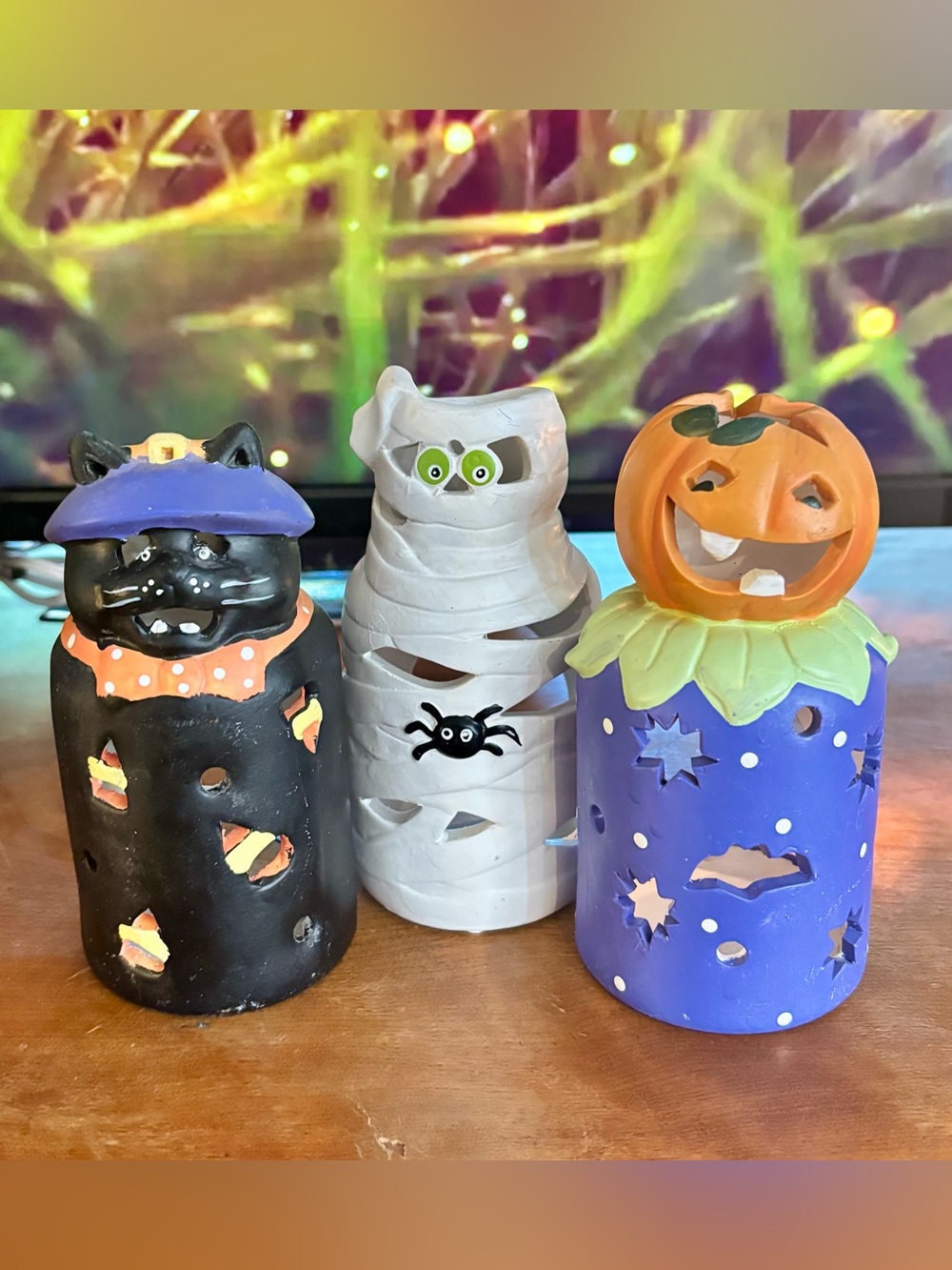 90’s Vintage Halloween Ceramic Tealight Set - Black Cat, Mummy, Pumpkin